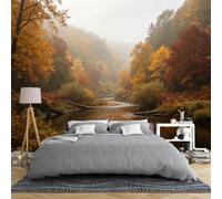 Papier Peint Panoramique 3D Intissé Représentant Un Paysage Automnal Brumeux Avec Rivière Et Forêt 150 × 105 Cm De Large Idéal Pour La Chambre Ou Le Salon Grande Fresque Murale Représentant U