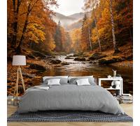 Papier Peint Panoramique 3D Intissé Représentant Un Paysage Automnal De Vallée Rocheuse Et De Ruisseau Avec Des Bouleaux Et Un Cours D'Eau Idéal Pour La Chambre Ou Le Salon Grande Fresque Murale