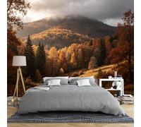 Papier Peint Panoramique 3D Intissé Représentant Un Paysage De Vallée Montagneuse En Automne Brumeux 200 × 140 Cm Avec Une Forêt De Sommet Doré Idéal Pour La Chambre Ou Le Salon Grande Décor