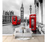 Papier Peint Panoramique 3D La Photographie Londres Bus Big Ben 350 x 256 cm Intissé Murale pour Salon Chambre Décoration Murale, Noir Et Blanc Chambre Poster Mural Fresques Murales