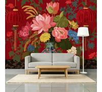 Papier Peint Panoramique 3D Lanternes Lotus Chrysanthèmes 250 x 175 cm Murale, Nouvel An Chinois Papier Peint Intissé Photo pour Intérieure Chambre Coucher Salon Personnalisé Décoration Murale