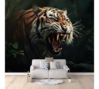 Papier Peint Panoramique 3D Le Tigre Rugit 200x140 cm Papier Peint Mural Poster Intissé Forêt,pour Chambre Salon Restaurant Personnalisé Décoration Murale