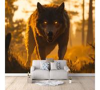 Papier Peint Panoramique 3D Loup 300x210 cm Papier Peint Mural Poster Intissé Crépuscule De La Forêt,pour Chambre Salon Restaurant Personnalisé Décoration Murale