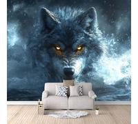 Papier Peint Panoramique 3D Loup Bleu Motifs Poster Mural Animal CréAtif 300x210 cm Papier Peint Photo Matériau Tissu Non Facile à Installer Propre pour Intérieur Moderne Salle à Manger Poster