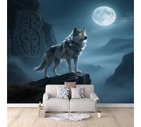 Papier Peint Panoramique 3D Lune Du Loup 300x210 cm Papier Peint Mural Poster Intissé Runes Anciennes,pour Chambre Salon Restaurant Personnalisé Décoration Murale