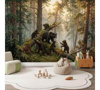 Papier Peint Panoramique 3D Marron Naturel Animaux Sauvages 200 x 140 cm | Pins Lumière Du Soleil Mousse Ours Noir Papier Peint Intissé pour Chambre Salon Cuisine Haute Qualité Papiers Peints Murale