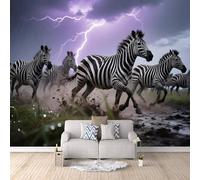 Papier Peint Panoramique 3D Migration Des Zèbres 200x140 cm Papier Peint Mural Poster Intissé Éclair Des Prairies,pour Chambre Salon Restaurant Personnalisé Décoration Murale