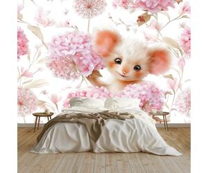 Papier Peint Panoramique 3D Minimaliste Animaux Mignons Singe Boule De Fleurs Rose 200 x 140 cm, Papier Peint Intissé - Fresque Murale pour Salon, Chambre & Bureau, Décoration Murale Impression HD