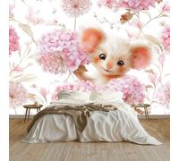 Papier Peint Panoramique 3D Minimaliste Animaux Mignons Singe Boule De Fleurs Rose 300 x 210 cm, Papier Peint Intissé - Fresque Murale pour Salon, Chambre & Bureau, Décoration Murale Impression HD