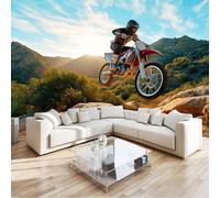 Papier Peint Panoramique 3D Moderne Cool Dynamique Off-Road Moto Bleu Marine 200 x 140 cm, Papier Peint Intissé - Fresque Murale pour Salon, Chambre & Bureau, Décoration Murale Impression HD