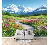 Papier Peint Panoramique 3D Montagne Fleurs Motifs Poster Mural Nature 400x280 cm Papier Peint Photo Matériau Tissu Non Facile à installer Propre pour Intérieur Moderne Salle à Manger Poster