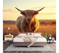 Papier Peint Panoramique 3D Motif Animal Du BéTail Des Hautes Terres Papier Peint Intissé Photo Muraux Pour Salon Chambre Décoration Prairie Du Coucher Du Soleil Personnalisé Murale 350x256 cm