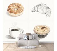 Papier Peint Panoramique 3D Pain Aux Beignets 400x280 cm Papier Peint Mural Poster Intissé Café,pour Chambre Salon Restaurant Personnalisé Décoration Murale