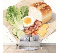 Papier Peint Panoramique 3D Pain Et œufs 200x140 cm Papier Peint Mural Poster Intissé Légume,pour Chambre Salon Restaurant Personnalisé Décoration Murale