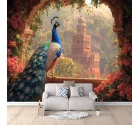Papier Peint Panoramique 3D Paon 200x140 cm Papier Peint Mural Poster Intissé Château,pour Chambre Salon Restaurant Personnalisé Décoration Murale
