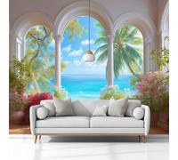 Papier Peint Panoramique 3D, Papier Peint Arche Vue Sur La Mer Palmiers Intissé Photo Mural Moderne Poster Salon Chambre Mur de fond Chambre des Enfants Bureau Maison 300x210 cm