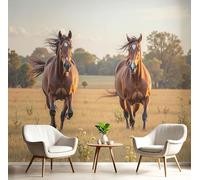 Papier Peint Panoramique 3D Papier Peint Intissé Motif cheval sauvage en liberté, 300x210cm Murales Panoramique champs de paysages naturels Pour Salon, Adulte Chambre ,Restaurant Décoration,brun