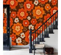 Papier Peint Panoramique 3D Papier Peint Intissé Motif Fleurs rétro, 400x280cm Murales Panoramique Motifs floraux modernes abstraits Pour Salon, Adulte Chambre ,Restaurant Décoration,Orange brûlé