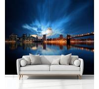 Papier Peint Panoramique 3D, Papier Peint Ville New York Pont De Brooklyn Bleu Intissé Photo Mural Moderne Poster Salon Chambre Mur de fond Chambre des Enfants Bureau Maison 300x210 cm