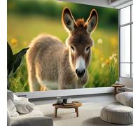 Papier Peint Panoramique 3D Pastoral Âne Animal, Papier Peint Intissé Fond Vert pour Chambre Salon Mur TV Artistique XXL Poster Décoration Murale 300 x 210 CM