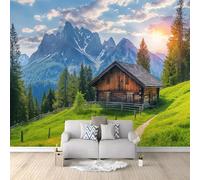 Papier Peint Panoramique 3D Paysage De Cabane Au Sommet D'Une Montagne 350 x 256cm Papier Peint Photo Mural Intissé, Poster Tapisserie Mural Personnalisé 3D Pour Salon Chambre Décoration Murale