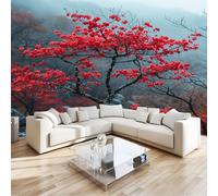 Papier Peint Panoramique 3D Paysage de Prunier Rouge Papier Peint Intissé Tapisserie Poster Mural Multicolore pour Salon Chambre Décoration Murale 350x256cm