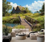 Papier Peint Panoramique 3D Paysage Naturel Maison Retro Herbe, Intissé Poster Murale Décoration Vert pour Salon Chambre Fond De Mur Tv Papier Peint Murales 350 x 256 CM