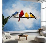 Papier Peint Panoramique 3D Peinture Huile Animal Oiseaux Fil, Papier Peint Intissé Tapisserie Poster Mural Bleu Clair pour Salon Chambre Décoration Murale 200 x 140 CM