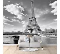 Papier Peint Panoramique 3D Photographie Tour Eiffel Paris 350 x 256 cm Intissé Murale pour Salon Chambre d'enfants restaurant Décoration Murale, Noir Et Blanc Chambre Poster Mural Fresques Murales