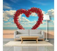 Papier Peint Panoramique 3D Plage Océanique Cœurs De Roses Romantiques 200 x 140 cm Murale, Côtier Papier Peint Intissé Photo pour Intérieure Chambre Coucher Salon Personnalisé Décoration Murale