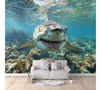 Papier Peint Panoramique 3D Requins Fond Marin Motifs Poster Mural Vie Marine 300x210 cm Papier Peint Photo Matériau Tissu Non Facile à Installer Propre pour Intérieur Moderne Salle à Manger Poster
