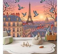 Papier Peint Panoramique 3D Rose Violet Français Dessin Animé 200 x 140 cm | Tour Eiffel Paris Ville Pigeons Papier Peint Intissé pour Chambre Salon Cuisine Haute Qualité Papiers Peints Murale Décor