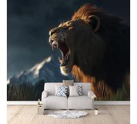 Papier Peint Panoramique 3D Rugissement Du Lion 200x140 cm Papier Peint Mural Poster Intissé Prairies De Snow Mountain,pour Chambre Salon Restaurant Personnalisé Décoration Murale