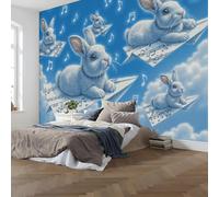 Papier Peint Panoramique 3D Soie, 200 x 140cm (L×H) Lapin Avion En Papier - Papier Peint Note De Musique Nuage Grandes Murales Poster pour Salon, Chambre d'enfants, Étude Décoration, Bleu Blanc