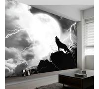 Papier Peint Panoramique 3D Soie 400 x 280 CM Loup Pleine Lune Hurlement Fantastique, Noir et blanc, Grande Poster Tableaux Photo Muraux pour Salon, Chambre d'enfant, Chambre D'Enfant Décoration