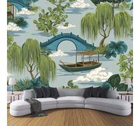 Papier Peint Panoramique 3D Soie Art Chinois, 350×256cm Murales Panoramique Pont À Bateaux De Willow Tree pour Salon, Adulte Chambre d'enfants, Restaurant, Étude Décoration,Bleu Gris