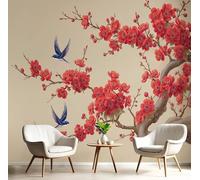 Papier Peint Panoramique 3D Soie Peinture Traditionnelle Chinoise,300×210 CM Murales Panoramique Texture Fleurs Prunier Et D'Hirondelles pour Salon, Chambre d'enfants, Restaurant Décoration,Rouge