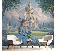 Papier Peint Panoramique 3D Soie, Personnalisé 450X315 Cm Murales La Princesse En Robe Bleue, Château Magique Pour Salon, Adulte Chambre D'Enfants Décoration Couleurs Mélangées