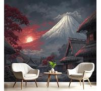 Papier Peint Panoramique 3D Soie, Personnalisé 450X315 Cm Murales Village Montagne Japonais, Style D'Affiche Voyage Rétro Pour Salon, Adulte Chambre D'Enfants Décoration Gris
