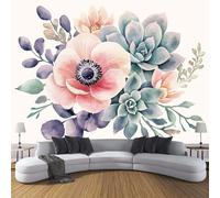 Papier Peint Panoramique 3D Soie Plantes À L'Aquarelle, 350×256cm Murales Panoramique Bouquet De Succulentes Anémones pour Salon, Adulte Chambre d'enfants, Restaurant, Étude Décoration,Rose Vert