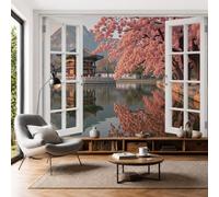 Papier Peint Panoramique 3D Soie Scènes Printanières,200×140 Cm Murales Panoramique Pavillon Au Bord Du Lac Montagnes Vue Par La Fenêtre Pour Salon, Chambre D'Enfants, Restaurant Décoration,Rose Foncé