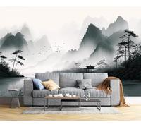 Papier Peint Panoramique 3D Soie Style De Peinture À L'Encre De Chine ,350×256 Cm (W×H) Murales Panoramique Forêt Et Lac Pour Salon, Adulte Chambre D'Enfants, Restaurant Décoration,Gris Anthracite