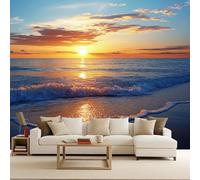 Papier Peint Panoramique 3D Soleil Couchant Mer Plage Papier Peint Intissé Vue sur la mer Décoration Murale 300x210cm XXL Tableaux Muraux Paysage Naturel Salon Chambre Bureau Couloir décoration