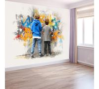 Papier Peint Panoramique 3D Street Art Graffiti Garçon Peinture, Intissé Poster Murale Décoration Blanc pour Salon Chambre Fond De Mur Tv Papier Peint Murales 300 x 210 CM