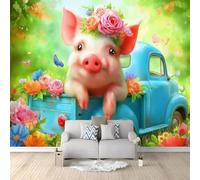 Papier Peint Panoramique 3D Style Pastoral Papillon Plante Cochon Camion Vert 250 x 175 cm, Papier Peint Intissé - Fresque Murale pour Salon, Chambre & Bureau, Décoration Murale Impression HD