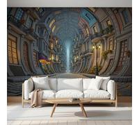 Papier Peint Panoramique 3D Style Rétro Bâtiments 250 x 175cm - Décoration Murale Perspective Fisheye Scène De Rue - Murales Papier Peint Soie pour Chambre Salon - Poster Tableaux Photo Muraux