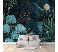 Papier Peint Panoramique 3D Tigre Lune Motifs Poster Mural Plantes Animaux 300x256 cm Papier Peint Photo Matériau Tissu Non Facile à Installer Propre pour Intérieur Moderne Salle à Manger Poster