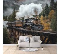 Papier Peint Panoramique 3D Train à Vapeur Rétro 400x280 cm Papier Peint Mural Poster Intissé Forêt,pour Chambre Salon Restaurant Personnalisé Décoration Murale