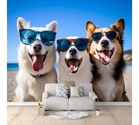 Papier Peint Panoramique 3D Trois Chiens Portant Des Lunettes 200x140 cm Papier Peint Mural Poster Intissé Animal,pour Chambre Salon Restaurant Personnalisé Décoration Murale