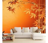 Papier Peint Panoramique 400 x 280 cm Bambou et Lignes Modernes, Tapisserie Non Tissée Couleur Orange pour Chambre et Salon, Décoration Murale Maison Style Naturel Zen, Poster Géant Mural de Luxe